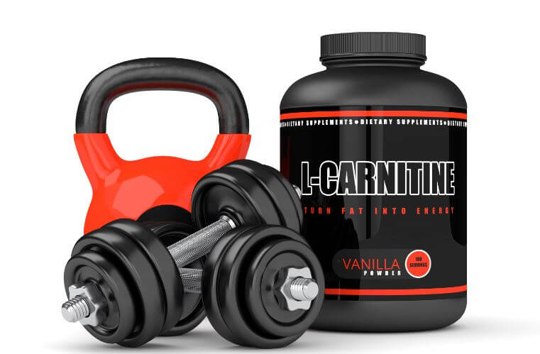 Pote de l carnitina com halteres e um kettlebell