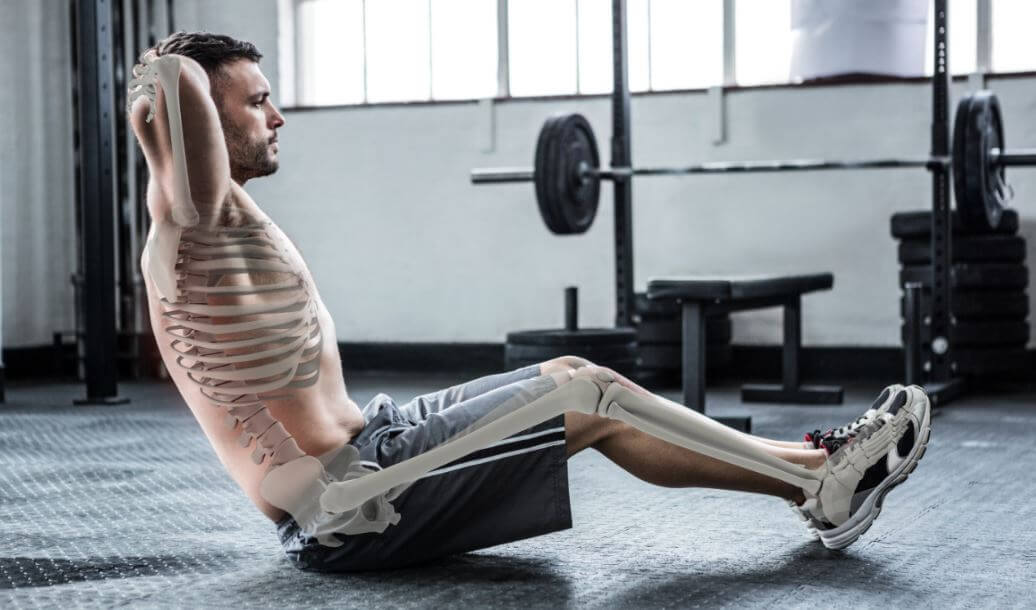 Figura humana com esqueleto desenhado fazendo exercício